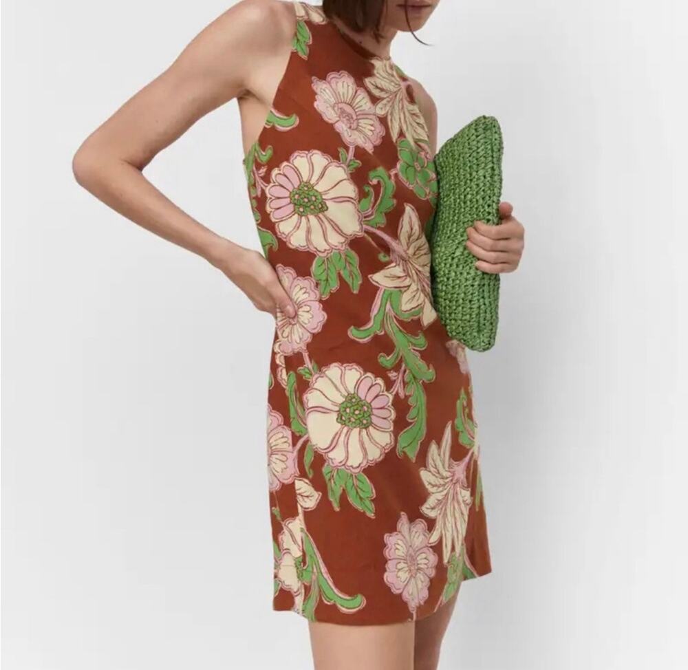 MNG Mango Noemi Linen Open Back Sleeveless Floral Tropical Mini Dress Size 4